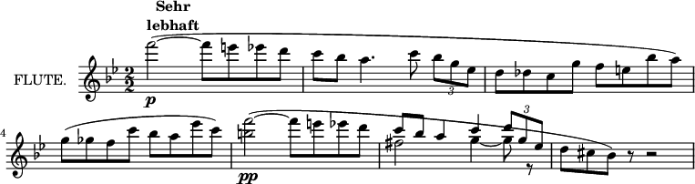 
\new Staff \with {
  instrumentName = "FLUTE."
  midiInstrument = "flute"
} \relative c'' {
  \key bes \major
  \numericTimeSignature
  \time 2/2
  f'2~(\p^\markup \center-column {\bold "Sehr" \bold "lebhaft"} f8 e ees d
  \autoBeamOff
  c[ bes] a4. c8 \tuplet 3/2 {bes[ g ees]}
  \autoBeamOn
  d des c g' f e bes' a)
  g( ges f c' bes a ees' c)
  <b f'>2~(\pp f'8 e ees d
  << {c bes a4 c \tuplet 3/2 {d8 g, ees}} \\ {fis2 g4~ g8 r} >>
  d cis bes) r r2
}
\layout {
  indent = 2\cm
}
