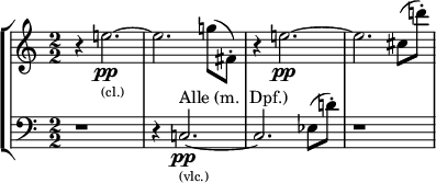 
\new StaffGroup <<
  \new Staff \relative c'' {
  \clef treble \override Staff.TimeSignature.style = #'numbered \time 2/2
  \set Score.tempoHideNote = ##t \tempo 2 = 50 \accidentalStyle dodecaphonic
  \set Staff.midiInstrument = "clarinet"
    r4 e2._\markup { \tiny (cl.) }\pp~ | e2. g8( fis,8-.) | r4 e'2.\pp~ | e2. cis8( d'8-.) |
  }
  \new Staff \relative c {
  \clef bass \override Staff.TimeSignature.style = #'numbered \time 2/2
  \set Score.tempoHideNote = ##t \tempo 2 = 50 \accidentalStyle dodecaphonic
  \set Staff.midiInstrument = "string ensemble 1"
    r1 | r4 c2.^"Alle (m.  Dpf.)"_\markup { \tiny (vlc.) }\pp~ | c2. ees8( d'8-.) | r1
  }
>>
