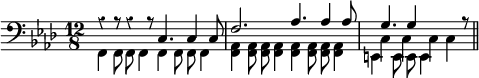 
\language "italiano"
\relative do {
%  \override Staff.TimeSignature #'stencil = ##f
  \clef bass
  \key lab \major
  \time 12/8
  \override Rest.style = #'classical
  <<  {
        \voiceOne
        r4 r8 r4 r8 do4. do4 do8 | fa2. lab4. lab4 lab8 | sol4. sol4 s8 s4 r8 \bar "||"
      }
      \new Voice {
        \voiceTwo
        fa,4 fa8 fa fa4 fa fa8 fa fa4 | <lab fa>4 <lab fa>8 <lab fa> <lab fa>4 <lab fa> <lab fa>8 <lab fa> <lab fa>4 | do4 do do do     
      }
      \new Voice {
        \voiceThree
        s2 s s | s s s | \stemDown mi,4 mi8 mi mi4
      }
    >>
}
\header { tagline = ##f}
\paper {
  indent = 0
  line-width = #120
}
\layout {
  #(layout-set-staff-size 16)
}
