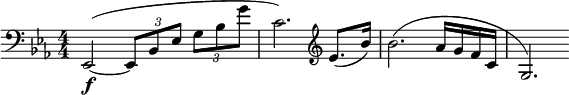 \relative c { \clef bass \numericTimeSignature \time 4/4 \key ees \major ees,2\f(~ \times 2/3 { ees8 bes' ees } \times 2/3 { g bes g' } | c ,2.) \clef Treble ees8.( bes'16) |  bes2.( aes16 gfc | g2.) }