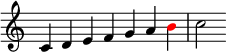   { \override Score.TimeSignature #'stencil = ##f \relative c' { \clef tiz \key c \major \time 7/4 c4 defga \once \override NoteHead.color = #kırmızı b c2 } }
