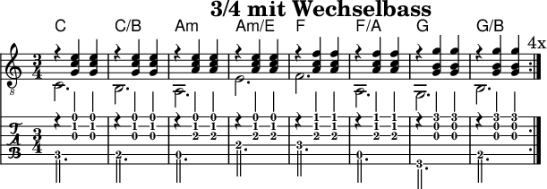 
\version "2.20.0"
\header {
  title="3/4 mit Wechselbass"
  encoder="mjchael"
}
%Diskant- bzw. Melodiesaiten
Diskant = {
  r4 < g c' e'> < g c' e'> | r < g c' e'> < g c' e'> | % C /B
  r4 < a c' e'> < a c' e'> | r < a c' e'> < a c' e'> | % Am
  r4 < a c' f'> < a c' f'> | r < a c' f'> < a c' f'> | % F
  r4 < g b  g'> < g b  g'> | r < g b  g'> < g b  g'> | % G
  \mark "4x"
}
%Basssaiten, die hier nur mit dem Daumen gespielt werden.
Bass = {
  c2. b, a, e f a, g, b, 
}
% Layout- bzw. Bildausgabe
\score {
  <<
    \new ChordNames {
      \chordmode {
        c2. c:/b a:m a:m/e f f:/a g g:/b
      }
    }
    {
      %Noten
      \new Staff  <<
        \tempo 4 = 120
        %Tempo ausblenden
        \set Score.tempoHideNote = ##t
        \time 3/4
        \key c \major
        \set Staff.midiInstrument = #"acoustic guitar (nylon)"
        \clef "G_8" \repeat volta 4
        % Noten im Diskant
        \Diskant
        \\
        % Noten im Bass - beachte: Wiederholungszeichen ist für Midi notwendig!
        \repeat volta 4
        \Bass
      >>
    }
    % Tabulatur
    \new TabStaff {
      \tabFullNotation \repeat volta 4
      <<
        % Tabulatur im Diskant
        \Diskant
        \\
        % Tabulatur im Bass
        \Bass
      >>
    }
  >>
  \layout {}
}
% Midiausgabe mit Wiederholungen, ohne Akkorde
\score {
  <<
    \unfoldRepeats {
      \new Staff  <<
        \tempo 4 = 120
        \time 4/4
        \key c \major
        \set Staff.midiInstrument = #"acoustic guitar (nylon)"
        \clef "G_8" \repeat volta 4
        \Diskant
        \\
        \repeat volta 4
        \Bass
      >>
    }
  >>
  \midi {}
}
% unterdrückt im raw="!"-Modus das DinA4-Format.
\paper {
  indent=0\mm
  % DinA4 0 210mm - 10mm Rand - 20mm Lochrand = 180mm
  line-width=180\mm
  oddFooterMarkup=##f
  oddHeaderMarkup=##f
  % bookTitleMarkup=##f
  scoreTitleMarkup=##f
}
