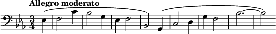  \relative c { \clef bass \time 3/4 \key ees \major \tempo "Allegro moderato" \partial 4*1 ees( f2 c'4 | bes2 g4 | ees f2 | bes,2) g4( | c2 d4 | g f2 | bes2.~ | bes2) } 