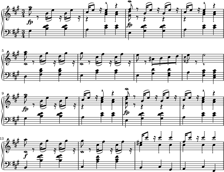 
 \relative b' {
  \new PianoStaff <<
   \new Staff { \key fis \minor \time 3/4
    <<
   {
     s8\mordent s s16 s8 s16 s s8 s16 cis16( e8) r16 e4-^ r4 fis8\mordent r8 b,16( e8) r16 b16( e8) r16 cis16( e8) r16 e4-^ r4 s4 s8 s16 s8 s16 s s8 s16 s8 s16 s8 s16 s s8 s16 s8 s s8 s s s \slashedGrace s s s s2 s8\mordent s s16 s8 s16 s s8 s16 cis16( e8) r16 e4-^ r4 fis8\mordent r8 b,16( e8) r16 b16( e8) r16 cis16( e8) r16 e4-^ r4 s4 s8 s16 s8 s16 s s8 s16 s8 s16 s8 s16 s s8 s16 eis cis'8 r16 cis4-. cis-. fis,16 cis'8 r16 cis4-. cis-.
   }
    \\
   {
     fis,8 r b,16( e8) r16 b( e8) r16 r4 <a, cis>4-. <a cis>4-. <gis d'>8\fp r8 r4 r r <a cis>4-. <a cis>4-. <fis' a>8\mordent r d16( gis8) r16 d( gis8) r16 gis8\mordent r cis,16( fis8) r16 cis( fis8) r16 e8 r ais,8-. b8-. cis8-. d8-. \slashedGrace cis( e) r e2-^ fis8\fp r b,16( e8) r16 b( e8) r16 r4 <a, cis>4-. <a cis>4-. <gis d'>8\fp r8 r4 r r <a cis>4-. <a cis>4-. <a'>8\mordent\f r d,16( gis8) r16 d( gis8) r16 gis8\mordent r cis,16( fis8) r16 cis( fis8) r16 cis4 cis-. cis-. cis cis-. cis-.
   }
    >>
   }
   \new Dynamics {
    s4\fp
   }
   \new Staff { \key fis \minor \time 3/4 \clef bass
     gis,4 <b d e> <b d e> a <cis e> <cis e> e, <gis d' e> <gis d' e> a <cis e> <cis e> d, <fis b d> <fis b d> e <a cis> <a cis> e <gis d'> <e gis d'> a <e a cis> <cis e a cis> gis'4 <b d e> <b d e> a <cis e> <cis e> e, <gis d' e> <gis d' e> a <cis e> <cis e> b, <b' fis' gis> <b fis' gis> cis, <a' cis fis> <a cis fis> b, cis gis a cis fis,
   }
  >>
 }
