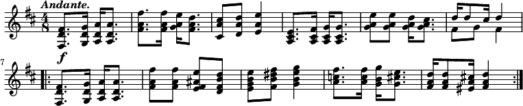 { \time 4/8 \key d \major \tempo \markup { \italic Andante. } \relative f' { <fis d fis,>8.\f <g d g,>16 <a d, a> q8. | <fis a fis'> q16 <g a e'> <fis a d>8. | <cis a' cis>8 <d a' d> <e a e'>4 | <e cis a>8. <fis cis a>16 <g cis, a> q8. | <g a e'>8 q <g a d>16 <g a cis>8. << { d'16[ d8 cis16] d4 } \\ { fis,8 g fis4 } >> \repeat volta 2 { <fis d fis,>8. <g d g,>16 <a d, a> q8. | <fis a fis'>8 q <e fis ais e'> <d fis b d> | <e g b e> <fis b dis fis> <g b e g>4 | <a c fis>8. q16 <g b g'>16 <g cis e>8. | <fis a d>16[ q8 <eis a cis!>16] <fis a d>4 } } }