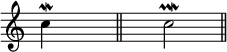 { \override Score.TimeSignature #'stencil = ##f \cadenzaOn c''\mordent s s s8. \bar "||" s1 c''2\prallmordent s1 s s s \bar "||" }