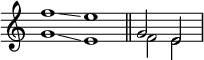 
\language "italiano"
\relative do'' {
  \override Staff.TimeSignature #'stencil = ##f
  \cadenzaOn
  \clef treble
  \key do \major
  <<  {
        \voiceOne
        fa1 \glissando mi \bar "||" sol,2 mi \bar "|"
      }
      \new Voice {
        \voiceTwo
        sol1 \glissando mi \bar "||" fa2 mi \bar "|"
      }
    >>
}
\header { tagline = ##f}
\paper {
  indent = 0
  line-width = #120
}
