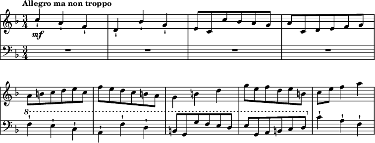 
{
  \language "italiano"
  \new StaffGroup <<
    \omit Score.BarNumber
    \omit StaffGroup.SystemStartBracket
    \new Staff {
      \set Staff.midiInstrument = #"violin"
      \set Score.tempoHideNote = ##t
      \tempo "Allegro ma non troppo" 4 = 130
      \relative do'' {
        \voiceOne
        \clef "treble" \key fa \major \time 3/4
        do4_! \mf la_! fa_! |
        re_! sib'_! sol_! |
        mi8 do do' sib la sol |
        la do, re mi fa sol |
        \break
        \voiceTwo
        la si do re mi do |
        fa mi re do si la |
        sol4 si re |
        sol8 mi fa re mi si |
        do mi fa4 la
      }
    } \new Staff {
      \set Staff.midiInstrument = #"cello"
      \relative do {
        \clef "bass" \key fa \major \time 3/4
        R2. |
        R2. |
        R2. |
        R2. |

        \voiceTwo
        \ottava #1
        \set Staff.ottavation = #"8"
        fa'4^! mi^! do^! |
        la^! fa'^! re^! |
        \voiceOne
        si8 sol sol' fa mi re |
        mi sol, la si do re |

        \ottava #0
        \voiceTwo
        do4^! la^! fa^! |
      }
    }
  >>
}
