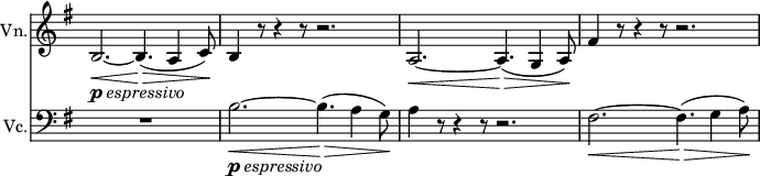 
<<
 \relative c' \new Staff 
 \with { instrumentName = "Vn." }
 \with { \remove "Time_signature_engraver" }
 { \key e \minor \time 12/8 \set Score.tempoHideNote = ##t \tempo "" 4.=80
  b2.~ _\markup { \dynamic p \italic espressivo } \< b4. \>( a4 c8\! ) b4 r8 r4 r8 r2.
  a2.~ \< a4.\> ( g4 a8\! ) fis'4 r8 r4 r8 r2.
 }
 \relative c' \new Staff
 \with { instrumentName = "Vc." } 
 \with { \remove "Time_signature_engraver" }
 { \key e \minor \time 12/8 \clef bass
  R1. b2.~ _\markup { \dynamic p \italic espressivo } \< b4.\> ( a4 g8\! ) a4 r8 r4 r8 r2.
  fis2.~ \< fis4.\> ( g4 a8\! )
 }
>>
