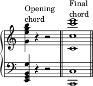  {
\override Score.TimeSignature #'stencil = ##f
{ \new PianoStaff <<
  \new Staff { 
    \clef treble \time 4/4 
    <g' e'' g'' b''>4^\markup { \column { "Opening" "chord" } } r r2 \bar "||"
    <c' c'' c''' e'''>1^\markup { \column { "Final" "chord" } } \bar "||"
  }
  \new Staff { 
    \clef bass \time 4/4
    <e, g, b, g>4 r r2 \bar "||"
    <c, c>1 \bar "||"
  }
>> } }
