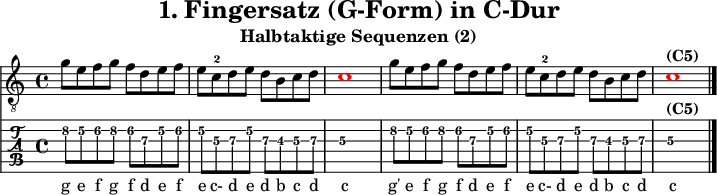 
\version "2.20.0"
\header {
  title="1. Fingersatz (G-Form) in C-Dur"
  subtitle="Halbtaktige Sequenzen (2)"
}
%% Diskant- bzw. Melodiesaiten
Diskant = \relative c'' {
  \set TabStaff.minimumFret = #4
  \set TabStaff.restrainOpenStrings = ##t
  \key c \major
  g8 e f g f d e f
  e c-2 d e d b c d  \once \override NoteHead #'color = #red c1 
  g'8 e f g f d e f
  e c-2 d e d b c d   \once \override NoteHead #'color = #red c1^\markup { \bold {(C5)} }
  \bar "|."
}

%% Layout- bzw. Bildausgabe
\score {
  <<
    \new Voice  { 
      \clef "treble_8" 
      \time 4/4  
      \tempo 4 = 120 
      \set Score.tempoHideNote = ##t
      \Diskant \addlyrics {
        g8 e f g f d e f
  e c-2 d e d b c d  c
  g'8 e f g f d e f
  e c-2 d e d b c d c
      }
    }
    \new TabStaff { \tabFullNotation \Diskant }
  >>
  \layout {}
}

%% Midiausgabe mit Wiederholungen, ohne Akkorde
\score {
  <<
    \unfoldRepeats {
      \new Staff  <<
        \tempo 4 = 120
        \time 4/4
        \set Staff.midiInstrument = #"acoustic guitar (nylon)"
        \clef "G_8"
        \Diskant
      >>
    }
  >>
  \midi {}
}
%% unterdrückt im raw="!"-Modus das DinA4-Format.
\paper {
  indent=0\mm
  %% DinA4 = 210mm - 10mm Rand - 20mm Lochrand = 180mm
  line-width=180\mm
  oddFooterMarkup=##f
  oddHeaderMarkup=##f
  % bookTitleMarkup=##f
  scoreTitleMarkup=##f
}
