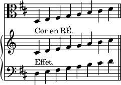 
<<
  \new Staff = "clef pour l'orchestration" {
    \transpose c d {
      \relative c {
        \clef alto
        \key c \major
        \cadenzaOn
        \override Staff.TimeSignature #'stencil = ##f
        c d e f g a b c \bar "||"
      }
    }
  }
  \new PianoStaff <<
    \new Staff = "clef pour l'exécutant" {
      \relative c' {
        \cadenzaOn
        \override Staff.TimeSignature #'stencil = ##f
        c^\markup{Cor en RÉ.} d e f g a b c \bar "||"
      }
    }
    \new Staff = "effet et ton de l'orchestre" {
      \transpose c d {
        \relative c {
          \clef bass
          \key c \major
          \cadenzaOn
          \override Staff.TimeSignature #'stencil = ##f
          c^"Effet." d e f g a b c \bar "||"
        }
      }
    }
  >>
>>
