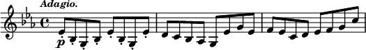 { \time 4/4 \key ees \major \tempo \markup { \smaller \italic Adagio. } \relative e' { ees8-.\p bes-. g-. bes-. ees-. bes-. g-. ees'-. d c bes aes g ees' g ees f ees c d ees f g c } }