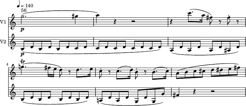 
<<
\new Staff \with { instrumentName = #"V1 "} \relative c'' {
 \version "2.18.2"
 \key c \major 
 \time 4/4
 \tempo 4 = 140
 \omit Staff.TimeSignature
 g'2.\p^\markup { 56} (gis4
 a) r4 r2
 r4 c8. (a16 fis8) r8 fis-. r8
 g!4.\trill (fis16 e d8) r8 d8. e16)
 c8-. r8 c8. (d16) b8-. r8 b8. (c16)
 a8 (b c cis d dis e fis)
}
\new Staff \with { instrumentName = #"V2 "} \relative c'' {
 \key c \major 
 \time 4/4
 \omit Staff.TimeSignature
 b,8\p (d b d b d c d c d c d c d c d)
 a (d a d a d ais d)
 b (d b d b d b d)
 a! (d a d g, d' g, g')
 fis4 r4 r2
}
>>
