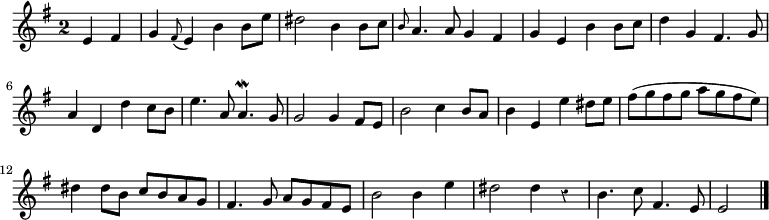 
\relative c' {
  \override Rest #'style = #'classical
  \key e \minor
  \override Staff.TimeSignature #'style = #'single-digit
  \time 2/2
  \partial 2
  e fis
  g \appoggiatura fis8 e4 b' b8 e
  dis2 b4 b8 c
  \grace b a4. a8 g4 fis
  g e b' b8 c
  d4 g, fis4. g8

  a4 d, d' c8 b
  e4. a,8 a4.\mordent g8
  g2 g4 fis8 e
  b'2 c4 b8 a
  b4 e, e' dis8 e
  fis( g fis g a g fis e)

  dis4 dis8 b c b a g
  fis4. g8 a g fis e
  b'2 b4 e
  dis2 dis4 r
  b4. c8 fis,4. e8
  e2
  \bar "|."
}
