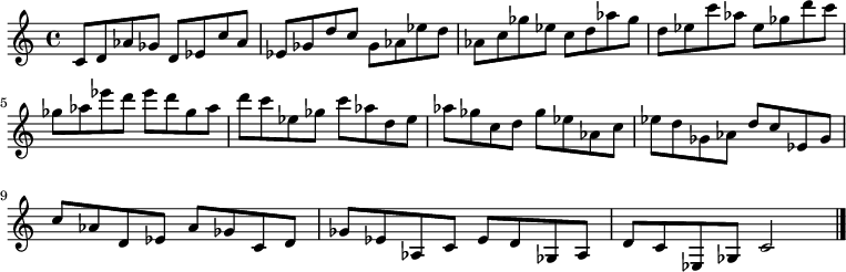 
{

\modalTranspose c c' { c d ees ges aes } { c8 d aes ges } 
\modalTranspose c d' { c d ees ges aes } { c d aes ges } 
\modalTranspose c ees' { c d ees ges aes } { c d aes ges } 
\modalTranspose c ges' { c d ees ges aes } { c d aes ges } 
\modalTranspose c aes' { c d ees ges aes } { c d aes ges } 
\modalTranspose c c'' { c d ees ges aes } { c d aes ges } 
\modalTranspose c d'' { c d ees ges aes } { c d aes ges } 
\modalTranspose c ees'' { c d ees ges aes } { c d aes ges } 
\modalTranspose c ges'' { c d ees ges aes } { c d aes ges } 

\modalInversion c ees''' { c d ees ges aes } { c d aes ges } 
\modalInversion c d''' { c d ees ges aes } { c d aes ges } 
\modalInversion c c''' { c d ees ges aes } { c d aes ges } 
\modalInversion c aes'' { c d ees ges aes } { c d aes ges } 
\modalInversion c ges'' { c d ees ges aes } { c d aes ges } 
\modalInversion c ees'' { c d ees ges aes } { c d aes ges } 
\modalInversion c d'' { c d ees ges aes } { c d aes ges } 
\modalInversion c c'' { c d ees ges aes } { c d aes ges } 
\modalInversion c aes' { c d ees ges aes } { c d aes ges } 
\modalInversion c ges' { c d ees ges aes } { c d aes ges } 
\modalInversion c ees' { c d ees ges aes } { c d aes ges } 
\modalInversion c d' { c d ees ges aes } { c d aes ges } 

c'2

\bar "|."
}
