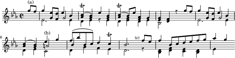 { \time 2/2 \key ees \major \override Score.Rest #'style = #'classical \partial 4 \relative g'' << { g8^"(a)" f | g4 <ees g,>8 <d f,> ees4 bes <c aes>(\trill <bes g>) ees <bes g> | <c aes>(\trill bes8) ees <aes, f>4 g s2. g'8 f g4 <ees g,>8 <d f,> ees4 bes <c aes>( <bes g>) ees^"(b)" g | f8( bes bes, c) d4 c\trill bes2. \bar ":|" f'8^\markup { \halign #2 \smaller (c) } ees f4 bes,8[ c d ees f g] aes4 g } \\ {s4 ees,2. ees4 d ees r ees d <ees g> d ees bes2 s ees2. ees4 d ees c2 d4 g f ees d2. r4 <d bes> <f d> <ees c> <d bes> ees } \\ { s4 s2 g s1*2 <g ees>4 <f d> r s | s2 g s a bes4 } >> }