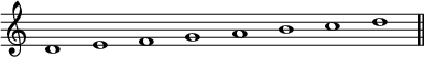 { \override Score.TimeSignature #'stencil = ##f \cadenzaOn \relative d' { d1 e f g a b c d \bar "||" } }