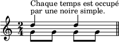 
\relative c'' {
  \time 2/4
  <<{d4^"par une noire simple."^"Chaque temps est occupé" d}\\{g,8 g g g}>>
  \bar "||"
}
