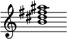 {
  % Rivin lopun pystyviiva ja tahtiosoitus piiloon.
  \override Score.BarLine.break-visibility = ##(#f #t #t)
  \override Staff.TimeSignature #'stencil = ##f
  
  <b' dis'' fis'' ais''>1
}
