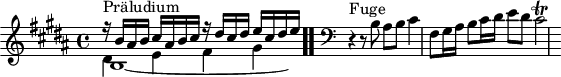 
\version "2.18.2"
\header {
  tagline = ##f
}

\score {
  \new Staff \with {

  }
<<
  \relative c'' {
    \key b \major
    \time 4/4

     %% INCIPIT CBT I-5, BWV 850, ré majeur
     << { r16^\markup{Präludium} b ais b cis ais b cis r16 dis cis dis e cis dis e } \\ { b,1*15/16~ \hideNotes b16 } \\ { \stemDown dis4 e fis gis } >> \bar ".."
     \skip 4*1
     \override Staff.Clef.extra-offset = #'( -1 . 0 )
      \clef bass 
      \partial 1
 r4^\markup{Fuge}
     r8 b,8 ais b cis4 fis,8 gis16 ais b8 cis16 dis e8 dis cis2\trill

  }
>>
  \layout {
     \context { \Score \remove "Metronome_mark_engraver" 
     \override SpacingSpanner.common-shortest-duration = #(ly:make-moment 1/2) 
}
  }
  \midi {}
}
