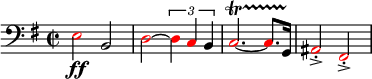 
 \relative c{
 \set Staff.midiInstrument = #"tuba"
 \set Score.tempoHideNote = ##t
 \tempo 4 = 130
 \clef bass
 \key g \major
 \time 2/2
 \once \override NoteHead.color = #red e2 \ff b \override NoteHead.color = #red d~ \times 2/3 { d4 c \override NoteHead.color = #black b } \override NoteHead.color = #red c2.~\startTrillSpan c8. \override NoteHead.color = #black g16\stopTrillSpan \override NoteHead.color = #red ais2\accent\staccato fis\accent\staccato
 }
