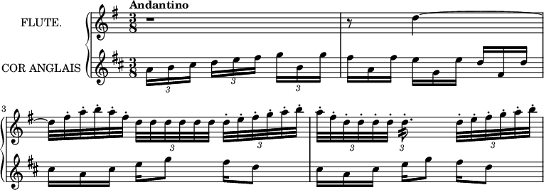 
\new GrandStaff <<
  \new Staff = "flute" \with {
    instrumentName = "FLUTE."
    midiInstrument = "flute"
  } \relative c'' {
    \key g \major
    \time 3/8
    \tempo "Andantino"
    \override TupletBracket.bracket-visibility = ##f
    \autoBeamOff
    r1*3/8
    r8 d4~
    \omit TupletNumber \tuplet 3/2 8 {d32[ fis\staccato a\staccato b\staccato a\staccato fis]\staccato}
      \undo \omit TupletNumber \tuplet 3/2 8 {d[ d d d d d]}
      \tuplet 3/2 8 {d[\staccato e\staccato fis\staccato g\staccato a\staccato b]\staccato}
    \tuplet 3/2 8 {a[\staccato fis\staccato d\staccato d\staccato d\staccato d]\staccato}
      \tuplet 3/2 8 {d8.:32\staccato}
      \tuplet 3/2 8 {d32\staccato[ e\staccato fis\staccato g\staccato a\staccato b]\staccato}
  }
  \new Staff = "cor anglais" \with {
    instrumentName = "COR ANGLAIS"
    midiInstrument = "english horn"
  } \relative c'' {
    \transposition f
    \key d \major
    \time 3/8
    \tempo "Andantino"
    \override TupletBracket.bracket-visibility = ##f
    \autoBeamOff
    \tuplet 3/2 8 {a16[ b cis] d[ e fis] g[ b, g']}
    \omit TupletNumber
    \tuplet 3/2 8 {fis[ a, fis'] e[ g, e'] d[ fis, d']}
    \tuplet 3/2 8 {cis[ a cis] e[ g8] fis16[ d8]}
    \tuplet 3/2 8 {cis16[ a cis] e[ g8] fis16[ d8]}
  }
>>
\layout {
  indent = 3\cm
}
