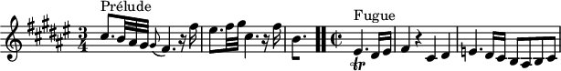 
\version "2.18.2"
\header {
  tagline = ##f
}

\score {

<<
  \relative c'' {
    \key fis \major
    \time 3/4
    \override TupletBracket.bracket-visibility = ##f

     %% INCIPIT CBT II-13, BWV 882, fa-dièse majeur
     s1*0^\markup{Prélude} cis8.*5/6 b32 ais gis \grace gis8( fis4.) r16 fis'16 eis8. fis32 gis cis,4. r16 fis16 \once \override Staff.TimeSignature #'stencil = ##f \time 3/8
{ 
 % suppression des warnings :
 #(ly:set-option 'warning-as-error #f)
 #(ly:expect-warning (_ "stem does not fit in beam")) %% <= à traduire éventuellement
 #(ly:expect-warning (_ "beam was started here")) %% <= à traduire éventuellement
  \set stemRightBeamCount = #1
  b,4.*1/2[ s]
} \bar ".."
     
     \time 2/2 \partial 2
     s1*0^\markup{Fugue} eis,4._\trill dis16 eis fis4  r4 cis dis e4. dis16 cis b8 ais b cis

  }
>>
  \layout {
     \context { \Score \remove "Metronome_mark_engraver"
     \override SpacingSpanner.common-shortest-duration = #(ly:make-moment 1/3)
        }
  }
  \midi {}
}
