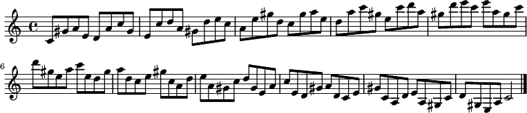 
{

\modalTranspose c c' { c d e gis a } { c8 gis a e } 
\modalTranspose c d' { c d e gis a } { c gis a e } 
\modalTranspose c e' { c d e gis a } { c gis a e } 
\modalTranspose c gis' { c d e gis a } { c gis a e } 
\modalTranspose c a' { c d e gis a } { c gis a e } 
\modalTranspose c c'' { c d e gis a } { c gis a e } 
\modalTranspose c d'' { c d e gis a } { c gis a e } 
\modalTranspose c e'' { c d e gis a } { c gis a e } 
\modalTranspose c gis'' { c d e gis a } { c gis a e } 

\modalInversion c e''' { c d e gis a } { c gis a e } 
\modalInversion c d''' { c d e gis a } { c gis a e } 
\modalInversion c c''' { c d e gis a } { c gis a e } 
\modalInversion c a'' { c d e gis a } { c gis a e } 
\modalInversion c gis'' { c d e gis a } { c gis a e } 
\modalInversion c e'' { c d e gis a } { c gis a e } 
\modalInversion c d'' { c d e gis a } { c gis a e } 
\modalInversion c c'' { c d e gis a } { c gis a e } 
\modalInversion c a' { c d e gis a } { c gis a e } 
\modalInversion c gis' { c d e gis a } { c gis a e } 
\modalInversion c e' { c d e gis a } { c gis a e } 
\modalInversion c d' { c d e gis a } { c gis a e } 

c'2

\bar "|."
}
