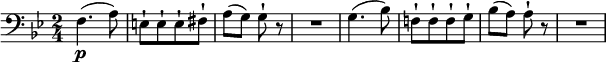 
\version "2.18.2"
\relative c'' {
  \key bes \major
  \time 2/4
  \tempo ""
  \tempo 4 = 160
  \set Staff.midiInstrument = "cello"
  \clef "bass" f,,4.\p (a8)
  e-! [e-! e-! fis-!]
  a (g) g-! r
  R2
  g4. (bes8)
  f!-! [f-! f-! g-!]
  bes (a) a-! r
  R2
}
