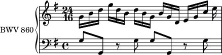 
\version "2.18.2"
\header {
  tagline = ##f
}

upper = \relative c'' {
    \clef treble 
    \key g \major
    \time 4/4
    \set Staff.timeSignatureFraction = 24/16
    %\scaleDurations 3/2
    \tempo 4 = 80
    \set Staff.midiInstrument = #"harpsichord" 

     %% PRÉLUDE CBT I-15, BWV 860, sol majeur
     g16 b d  g[ d b]  d[ b g]  b[ g d]  e[ g c]  e 

}

lower = \relative c' {
    \clef bass 
    \key g \major
    \time 4/4
    \scaleDurations 2/3
    \set Staff.midiInstrument = #"harpsichord" 
     g8 g, r8 g' g[ g,] r8 g' 
} 

\score {
  \new PianoStaff <<
    \set PianoStaff.instrumentName = #"BWV 860"
    \new Staff = "upper" \upper
    \new Staff = "lower" \lower
  >>
  \layout {
    \context {
      \Score
      \remove "Metronome_mark_engraver"
      %\override SpacingSpanner.common-shortest-duration = #(ly:make-moment 1/2)
    }
  }
  \midi { }
}
