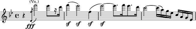  \relative c' { \key bes \major \time 4/4 \set Score.tempoHideNote = ##t \tempo "" 4 = 76
{r4 \slashedGrace {<d f'>8(} f''2_\markup{\dynamic \right-align fff}^\markup{\smaller \center-align (Vn.)}) es8[ r16 d16] f4\sf( es2\sf) f,4(\sf es'2)\sf ~ es8.[ f16 es8. d16] c2 ~ c16( a) g es c a g es}
} 