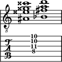  
<<
  %\override Score.BarLine.break-visibility = ##(#f #t #t)
  \time 2/1
    \new Staff  {
    \clef "treble_8"
        \once \override Staff.TimeSignature #'stencil = ##f
        <  ais eisis' gisis' cisis''>1 | <  bes fis' a' d''>1 |
    }

     \new TabStaff {
       \override Stem #'transparent = ##t
       \override Beam #'transparent = ##t 
      s2 <  ais\4 fis'\3 a'\2 d''\1>1 s2
  }
>>
