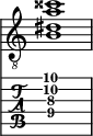  
<<
  %\override Score.BarLine.break-visibility = ##(#f #t #t)
  \time 1/1
    \new Staff  {
    \clef "treble_8"
        \once \override Staff.TimeSignature #'stencil = ##f
        <  b dis' a' cisis''>1
    }

     \new TabStaff {
       \override Stem #'transparent = ##t
       \override Beam #'transparent = ##t 
      <  b\4 dis'\3 a'\2 d''\1>1
  }
>>
