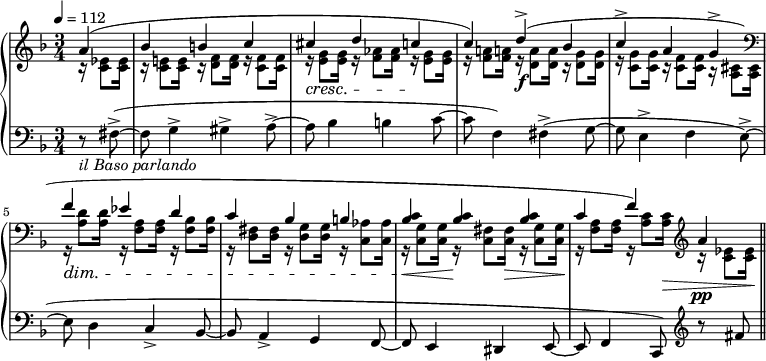 
%source : http://imslp.org/wiki/Special:ReverseLookup/779
\new PianoStaff <<
  \new Staff = "right" <<
    \relative c'' {
      \key f \major
      \numericTimeSignature
      \time 3/4
      \partial 4
      \tempo 4=112
      a(
      bes b c
      cis\cresc d c\!
      c) d->(\f bes
      c-> a g->
      \clef bass
      f es d
      c bes b
      <bes c> <bes c> <bes c>
      c f) \clef treble a\pp \bar "||"
    }
    \\
    \relative c' {
      \key f \major
      \numericTimeSignature
      \time 3/4
      \partial 4
      \tempo 4=112
      r16 <c es>8[ <c es>16]
      r16 <c e!>8[ <c e>16] r16 <d f>8[ <d f>16] r16 <c f>8[ <c f>16]
      r16 <e g>8[ <e g>16] r16 <f aes>8[ <f aes>16] r16 <e g>8[ <e g>16]
      r16 <f a!>8[ <f a!>16] r16 <d a'>8[ <d a'>16] r16 <d g>8[ <d g>16]
      r16 <c g'>8[ <c g'>16] r16 <c f>8[ <c f>16] r16 <a cis>8[ <a cis>16]
      \clef bass
      r16\dim <a d>8[ <a d>16] r16 <f a>8[ <f a>16] r16 <f bes>8[ <f bes>16]
      r16 <d fis>8[ <d fis>16] r16 <d g>8[ <d g>16] r16 <c aes'>8[ <c aes'>16]
      r16\< <c g'>8[ <c g'>16] r16\! <c fis>8[ <c fis>16\>] r16 <c g'>8[ <c g'>16\!]
      r16 <f a>8[ <f a>16] r16 <a c>8[ <a c>16\>] \clef treble r16 <c es>8[ <c es>16\!]
    }
  >>
  \new Staff = "left" {
    \clef bass \relative c {
      \key f \major
      \numericTimeSignature
      \time 3/4
      \partial 4
      \tempo 4=112
      r8_\markup {\italic "il Baso parlando"} fis(->~
      fis8 g4-> gis-> a8->~
      a8 bes4 b c8~
      c8 f,4) fis(-> g8~
      g8 e4-> f e8->~
      e8 d4 c-> bes8~
      bes8 a4-> g f8~
      f8 e4 dis e8~
      e8 f4 c8) \clef treble r8 fis''
    }
  }
>>
