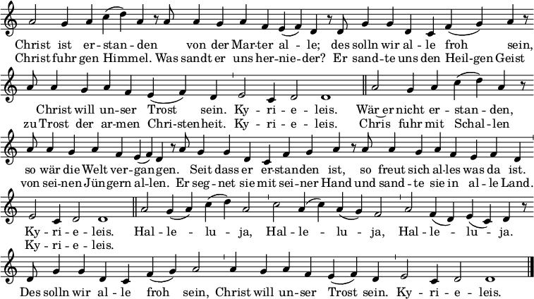 \relative a'  { \key c \major \time 100/1 { \override Score.TimeSignature.stencil=##f a2 g4 a c (d) a4 r8 \bar "" a a4 g a f e (f) d r8 \bar "" d g4 g d c f (g) a4 r8 \bar "" a a4 g a f e (f) d \bar "'" e2 c4 d2 d1 \bar "||" a'2 g4 a c (d) a4 r8 \bar "" a a4 g a f e (f) d4 r8 \bar "" a' g4 g d c f g a4 r8 \bar "" a a4 g4 a4 f e f d \bar "'" e2 c4 d2 d1 \bar "||" a'2 g4 (a) c (d) a2 \bar "'" c a4 (c) a (g) f2 \bar "'" a f4 (d) e (c) d r8 \bar "" d g4 g d c f (g) a2 \bar "'" a4 g a f e (f) d \bar "'" e2 c4 d2 d1 \bar "|." }
\addlyrics { Christ ist er -- stan -- den _ von der Mar -- ter al -- le; des solln wir al -- le froh sein, _ Christ will un -- ser Trost sein. Ky -- ri -- e -- leis. Wär~er nicht er -- stan -- den, so wär die Welt ver -- gan -- gen. _ Seit dass er er -- stan -- den ist, so freut sich al -- les was da ist. Ky -- ri -- e -- leis. Hal -- le -- lu -- ja, Hal -- le -- lu -- ja, Hal -- le -- lu -- ja. Des solln wir al -- le froh sein, Christ will un -- ser Trost sein. Ky -- ri -- e -- leis. }
\addlyrics { Christ fuhr gen Him -- mel. Was sandt er uns her -- nie -- der? Er sand -- te uns den Heil-gen Geist zu Trost der ar -- men Chri-sten -- heit. Ky -- ri -- e -- leis. Chris fuhr mit Schal -- len von sei -- nen Jün -- gern al -- len. Er seg -- net sie mit sei -- ner Hand und sand -- te sie in al -- le Land. Ky -- ri -- e -- leis. } }