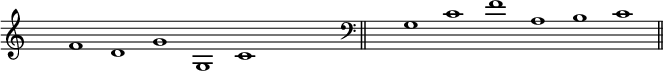 
\relative c' {
\override Staff.TimeSignature #'transparent = ##t
\time 10/2 
\clef G % sol 2
f1 d g g, c 
\once \override Staff.BarLine #'transparent = ##t
\bar "|" 
\time 2/2 
s
\bar "||" 
\time 12/2 
\clef F % fa 4
\bar "||" 
g1 c f a, b c
\bar "||" 
}
