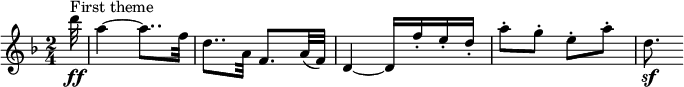 
    \relative c''' { \set Staff.midiInstrument = #"violon" \set Score.tempoHideNote = ##t \tempo 4 = 88 \key d \minor \time 2/4 \set Score.currentBarNumber = #17 \ partial 32 d32\ff^\markup "Premier thème" a4~ a8.. f32 d8.. a32 f8.  a32( f) d4~ d16 f'-.  e-.  ré-.  a'8-.  g-.  e-.  un-.  j,8.\sf }
