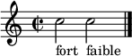 
\relative c'' {
  \time 2/2
  \textLengthOn
  c2_"fort "
  c_"faible"
  \bar "|."
}
