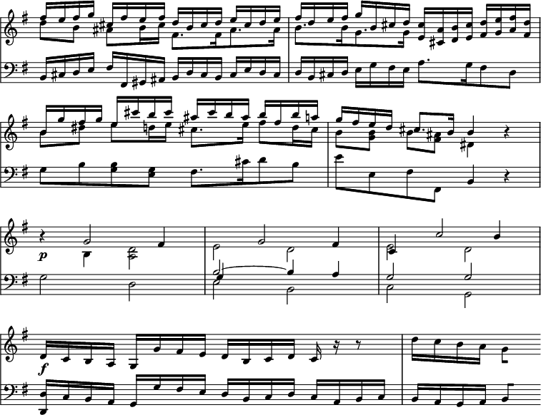 
{
  \language "italiano"

  \new StaffGroup <<
    \omit StaffGroup.SystemStartBracket
    \omit Score.BarNumber
    \new Staff <<
      \set Staff.midiInstrument = #"piano"
      \tempo "" 4 = 110
      \set Score.tempoHideNote = ##t
      \new Voice {
        \relative do'' {
        \clef "treble"
        \key sol \major
        \override Staff.TimeSignature #'stencil = ##f
        \stemDown
        re8 si lad si16 dod fad,8.[ fad16 lad8. lad16] | si8.[ si16 sol8. sol16] s2 | \break
        si8 red mi re16 mi dod8. mi16 fad8 re16 dod | si8[ <si sol>] si <lad fad> red,4 s4 | \break
        \tempo "" 4 = 60
        r4-\omit\p si4 <re la>2 | mi re | mi re | \break
        \tempo "" 4 = 110
        s1 |  | re'16 do si la \set stemLeftBeamCount = #0 sol8 []
        }%do
      }%voice1
      \new Voice {
        \relative do' {
        \clef "treble"
        \key sol \major
        \override Staff.TimeSignature #'stencil = ##f
        \stemUp
        fad'16 mi fad sol dod, fad mi fad re si dod re mi dod re mi | fad re mi fad sol si, dod re <dod mi,>16 <la dod,> <si re,> <dod mi,> <re fad,> <mi sol,> <fad la,> <re fad,> | \break
        si16 sol' fad sol mi dod' si dod lad dod si lad si fad si la | sol fad mi re dod8. si16 si4 r4 | \break
        s4 sol2 fad4 | s4 sol2 fad4 | do4 do'2 si4 | \break
        re,16-\omit\f do si la sol sol' fad mi re si do re do r16 r8 | s4 s8
        }%do
      }%voice2
    >>
    \new Dynamics {
      s1 s1 s1 s1 s1 \p s1 s1 s1 \f
    }
    \new Staff {
      \set Staff.midiInstrument = #"piano"
      \relative do {
      \clef "bass"
      \key sol \major
      \omit Staff.TimeSignature
      si16 dod re mi fad fad, sold lad si re dod si dod mi re dod | re si dod re mi sol fad mi la8.[ sol16 fad8 re] | \break
      sol8 si <si sol> <sol mi> fad8.[ dod'16 re8 si] | mi mi, fad fad, si4 r4 | \break
      \break
      sol'2-\omit\p re | << { si'2-\omit\p~ si4 la } \\ { \voiceThree sol4-\omit\p } \\ { \voiceFour mi2-\omit\p si } >> | << { sol'2-\omit\p sol } \\ { do,2-\omit\p sol } >> | \break
      <re' re,>16-\omit\f do si la sol sol' fad mi re si do re do la si do | si la sol la \set stemLeftBeamCount = #0 si8 []
      }%do
    }%staff2
  >>
}
