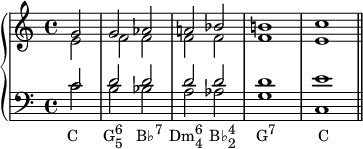 
 {
 \new PianoStaff <<
 \new Staff <<
 \new Voice \relative c'' {
 \set Score.tempoHideNote = ##t \tempo 2 = 80
 \stemUp \clef treble \key c \major \time 4/4
 \partial2 g2 g aes a! bes b!1 c
 }
 \new Voice \relative c' {
 \stemDown
 \partial2 e2 f f f f f1 e
 }
 >>
 \new Staff <<
 \new Voice \relative c' {
 \stemUp \clef bass \key c \major \time 4/4
 \partial2 c2 d d d d d1 e
 }
 \new Voice \relative c' {
 \stemDown
 \partial2 c2_\markup { \translate #'(-0.5 . 0) { \concat { "C" \hspace #3.5 "G" \combine \raise #1 \small 6 \lower #1 \small 5 \hspace #2 "B♭" \raise #1 \small { "7" } \hspace #1 "Dm" \combine \raise #1 \small 6 \lower #1 \small 4 \hspace #1 "B♭" \combine \raise #1 \small 4 \lower #1 \small 2 \hspace #3 "G" \raise #1 \small "7" \hspace #6 "C" } } }
 b bes a aes g1 c, \bar "||"
 }
 >>
 >> }
