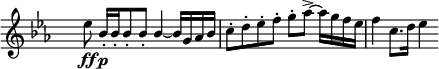 
\language "italiano"
melody = \relative do'' {
  \clef treble
  \key mib \major
  \time 4/4
  \override Staff.TimeSignature.transparent = ##t
    \autoBeamOff mib8\ff \autoBeamOn \stemUp sib16[-.\p sib-. sib8-. sib]-. sib4~ sib16 sol lab sib | \stemNeutral do8-.re-. mib-. fa-. sol-. lab~-> lab16 sol fa mib | fa4 do8. re16 mib4
}
\score {
  <<
    \new Voice = "mel"
    {  \melody }
  >>
  \layout {
    \context { \Staff \RemoveEmptyStaves }
    indent = 0.0\cm
    \override Score.BarNumber #'stencil = ##f
    line-width = #110
    \set fontSize = #-1
  }
}
\header { tagline = ##f}