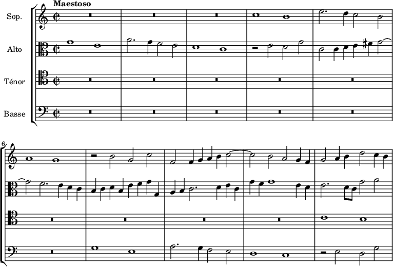  
\version "2.18.2"
\header {
  tagline = ##f
}

global= {
  \time 2/1
  \set Staff.timeSignatureFraction = 2/2
  \key c \major
  \tempo "Maestoso"
  \tempo 2 = 68
}

Soprano = \new Voice \relative c'' {
  \set Staff.instrumentName = #"Sop."
  \set Staff.midiInstrument = #"orchestral harp"
 
    R1*6 c1 b e2. d4 c2 b a1 g r2 b2 g c | f,2 f4 g a b c2~ c b a g4 f | g2 a4 b d2 c4 b
  
    %\addlyrics {    } % impossible de mettre le texte pour l'instant...
   
}

Alto = \new Voice \relative c' {
  \set Staff.instrumentName = #"Alto"
  \clef alto
  \set Staff.midiInstrument = #"orchestral harp" %recorder"
 
  g'1 e a2. g4 f2 e d1 c r2 e2 d g c, c4 d e fis g2~ g f2. e4 d c | b4 c d b e f g g, a b c2. d4 e c g' f g1 e4 d | e2. d8 c g'2 a

}

Tenor = \new Voice \relative c' {
  \set Staff.instrumentName = #"Ténor"
  \clef tenor
  \set Staff.midiInstrument = #"orchestral harp"

  R1*18 c1 b 

}

Basse = \new Voice \relative c {
  \set Staff.instrumentName = #"Basse"
  \clef bass
  \set Staff.midiInstrument = #"orchestral harp"

  R1*12 g'1 e a2. g4 f2 e d1 c r2 e2 d g
}

\score {
  \new StaffGroup <<
    \new Staff << \global \Soprano >>
    \new Staff << \global \Alto >>
    \new Staff << \global \Tenor >>
    \new Staff << \global \Basse >>
  >>
  \layout {
    #(layout-set-staff-size 17)
    \context {
      \Score
      %\remove "Metronome_mark_engraver"
      \override SpacingSpanner.common-shortest-duration = #(ly:make-moment 1/2)
    }
  }
  \midi { }
}
