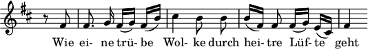 
\header {
 \version "2.16.2"
 tagline = ##f
}

\score {
 \new Staff \with {
 \remove "Time_signature_engraver"
 }

<<
 \relative c' {
 \key b \minor
 \time 2/4
 \set Score.currentBarNumber = #6
 \override TupletBracket #'bracket-visibility = ##f
 \autoBeamOff

 %%%%%%%%%%%%%%%%%%%%%%%%%% no 12 Einsamkeit

 \partial 4 r8 fis8 | fis8. g16 fis[( g)] fis[( b)] | cis4 b8 b | b16[( fis)] fis8 fis16[( g)] e[( cis)] |
 fis4

 }

 \addlyrics {
 Wie ei- ne trü- be_ Wol- ke durch hei- tre Lüf- te_ geht
 }
>>
 \layout {
 \context {
 \remove "Metronome_mark_engraver"
 }
 }
 \midi {}
}
