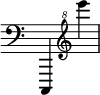 { \override Score.TimeSignature #'stencil = ##f \time 2/4 \clef bass c,,4 \clef "treble^8" e'''' }