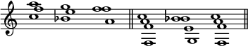 { \override Score.TimeSignature #'stencil = ##f \time 3/1 \key c \major << \new Voice \relative f'' { f1 e f \bar "||" a, bes a \bar "||" }
\new Voice \relative c'' { c1 bes a | f e f }
\new Voice \relative a'' { a1 g f | c bes c }
\new Voice { s1 s s | f g f } >> }