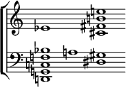 
\layout {
  \context {
    \PianoStaff
    \consists "Span_stem_engraver"
  }
}
\new StaffGroup <<
  \new Staff \with { \remove "Time_signature_engraver" \remove "Bar_engraver" } \relative c {
  \set PianoStaff.connectArpeggios = ##t
  \clef treble \override Stem #'transparent = ##t \set PianoStaff.connectArpeggios = ##t
  \accidentalStyle dodecaphonic
  \set Staff.midiInstrument = "piano"
    ees'1 s1 <cis fis b e>1
  }
  \new Staff \with { \remove "Time_signature_engraver" \remove "Bar_engraver" } \relative c, {
  \clef bass \override Stem #'transparent = ##t
  \accidentalStyle dodecaphonic
  \set Staff.midiInstrument = "piano"
    <d g c f bes>1 a''1 <dis, gis>1
  }
>>
