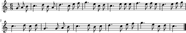 
\relative c'' {
  \key c \major
  \numericTimeSignature
  \time 6/8
  \partial 4.
  \autoBeamOff
  g8 a b
  c4. d8 b a
  d4. c8 e f
  g4. e8 c d
  c4. e8 e e
  f4. e8 f e %tourne, je continue.
  d4. e8 f g
  c,4. d8 c d
  g,4. g8 a b
  c4. d8 b c
  d4. c8 e f
  g4. e8 c d
  c4.
  \bar "|."
}
