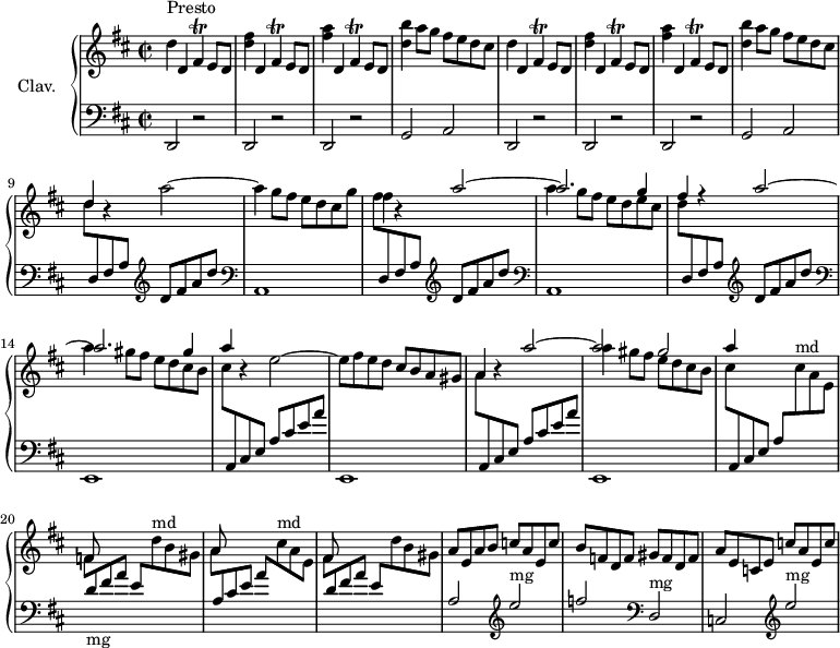 
\version "2.18.2"
\header {
  tagline = ##f
}

%% les petites notes
trillB      = { \tag #'print { fis4\trill } \tag #'midi { g32 fis g fis~ fis16~ fis16 } }

forFDE      = { \trillB e8 d }

upper = \relative c'' {
  \clef treble 
  \key d \major
  \time 2/2
  \tempo 2 = 80
  \set Staff.midiInstrument = #"harpsichord"

      s8*0^\markup{Presto}
      \repeat unfold 2 { d4 d, \forFDE | < d' fis >4 d, \forFDE | < fis' a >4 d, \forFDE | < d' b' >4 a'8 g fis e d cis } |
      % ms. 9
      \stemUp d4 r4 \stemDown a'2~ | 
      % ms. 10
      a4 g8 fis e d cis g' | fis4 r4 \stemUp << { a2~ a2. g4 | fis r4 a2~ | a2. gis4 } \\ { s2 a4 g8 fis e d e cis | s1 | a'4 gis8 fis e d cis b | } >> |
      % ms. 15
      a'4 r4 \stemNeutral e2~ | e8  fis e d cis b a gis | a4 r4 |
      % ms. 18
      << { a'2~ a2 gis } \\ { s2 a4 gis8 fis e d cis b } >> | \stemUp a'4 s2. | f,8 s8 s2. | a8 s8 s2. 
      % ms. 22
      fis8 s8 s2. | a8 e a b c a e c' | b f d f gis f d  f | a e c e c' a e c' |

}

lower = \relative c' {
  \clef bass
  \key d \major
  \time 2/2
  \set Staff.midiInstrument = #"harpsichord"

    % **************************************
      \repeat unfold 2 { \repeat unfold 3 { d,,2 r2 } g2 a } | \stemDown \change Staff = "upper" d''8 \stemUp \change Staff = "lower" d,,8 fis a    \clef treble d fis a d | 
      % ms. 10
      \clef bass a,,1 | \stemDown \change Staff = "upper" fis'''8 \stemUp \change Staff = "lower" d,,8 fis a    \clef treble d fis a d  | \clef bass a,,1 | \stemDown \change Staff = "upper" d''8 \stemUp \change Staff = "lower" d,,8 fis a    \clef treble d fis a d  |
      % ms. 14
       \clef bass \stemUp \change Staff = "lower"  e,,,1 | \stemDown \change Staff = "upper" cis'''8 \stemUp \change Staff = "lower" a,,8 cis e a cis e a  | \clef bass \stemUp \change Staff = "lower"  e,,1 | \stemDown \change Staff = "upper" a''8 \stemUp \change Staff = "lower" a,,8 cis e a cis e a  |
      % ms. 18
      \stemUp \change Staff = "lower" e,,1 | \stemDown \change Staff = "upper" cis'''8 \stemUp \change Staff = "lower"  a,, cis e a \stemDown \change Staff = "upper" cis'8^\markup{md} a e | f  \stemUp \change Staff = "lower" d8-\markup{mg} fis a e \stemDown \change Staff = "upper" d'8^\markup{md} b gis | a \stemUp \change Staff = "lower" a, cis e a \stemDown \change Staff = "upper" cis8^\markup{md} a e 
      % ms. 22
      \stemDown \change Staff = "upper" fis8 \stemUp \change Staff = "lower" d fis a e \stemDown \change Staff = "upper" d'8 b gis \stemUp \change Staff = "lower" a,2    \clef treble  e''2^\markup{mg} | f   \clef bass d,,2^\markup{mg} | c2 \clef treble  e''2^\markup{mg} |

}

thePianoStaff = \new PianoStaff <<
    \set PianoStaff.instrumentName = #"Clav."
    \new Staff = "upper" \upper
    \new Staff = "lower" \lower
  >>

\score {
  \keepWithTag #'print \thePianoStaff
  \layout {
      #(layout-set-staff-size 17)
    \context {
      \Score
     \override SpacingSpanner.common-shortest-duration = #(ly:make-moment 1/2)
      \remove "Metronome_mark_engraver"
    }
  }
}

\score {
  \keepWithTag #'midi \thePianoStaff
  \midi { }
}
