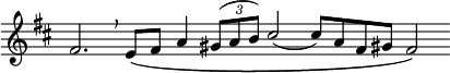 
\language "italiano"
\relative do' {
  \override Staff.TimeSignature #'stencil = ##f
  \cadenzaOn
  \clef treble 
  \key re \major
  fad2. \breathe \phrasingSlurDown mi8[\( fad] la4 \slurUp \tuplet 3/2 { sold!8[( la si]) } \stemUp \slurDown dod2( dod8)[ la fad sold!] fad2\)
}
\header { tagline = ##f}
\paper {
  indent = 0
  line-width = #120
}
